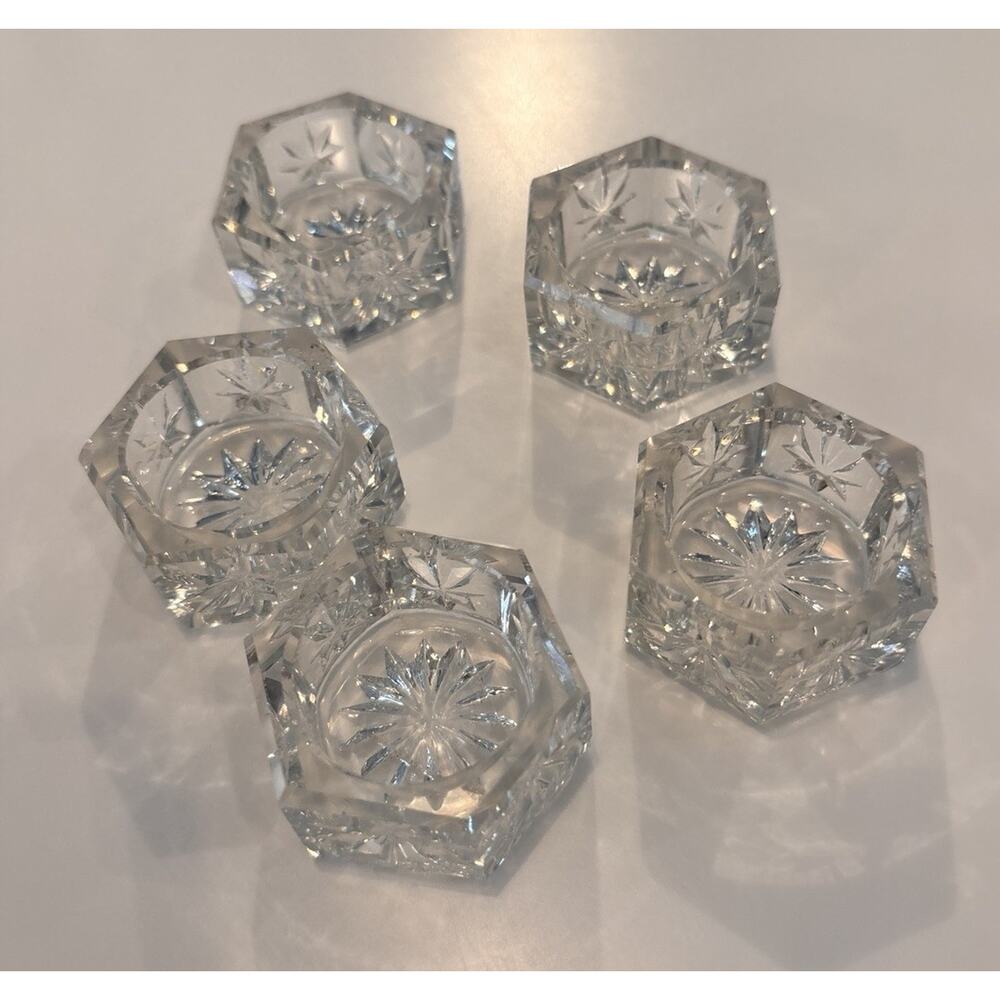 5 Clear Glass Open Salt Cellars Hexagon Shaped with Starburst Center 2" x 7/8"